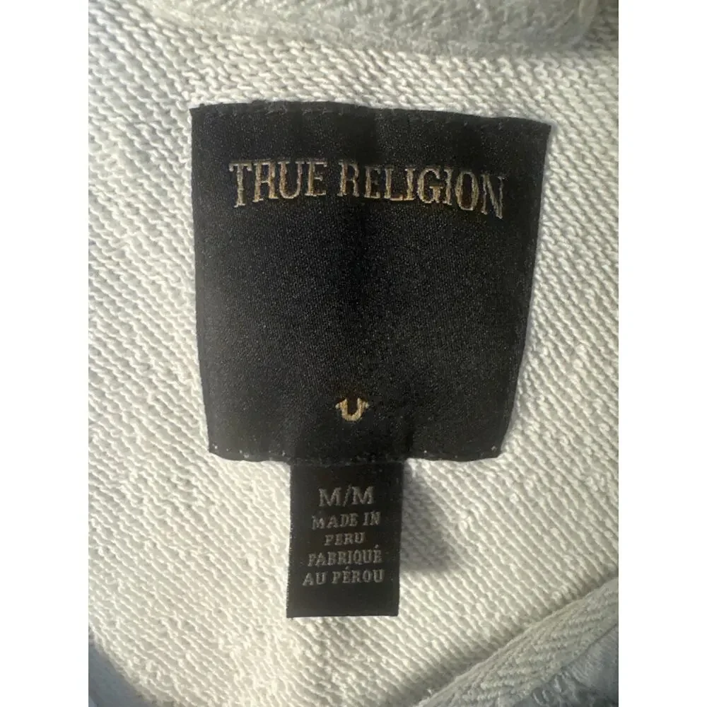 True Religion Mens Zip Up Hoodie Medium Heather Grey Embroidered Horseshoe Logo